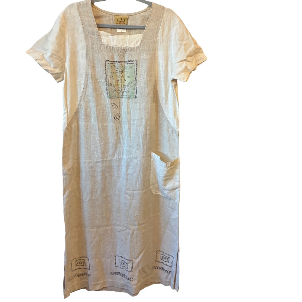 Blue Cactus Linen Apron Dress Women M Beige White Graphic Print Excellent